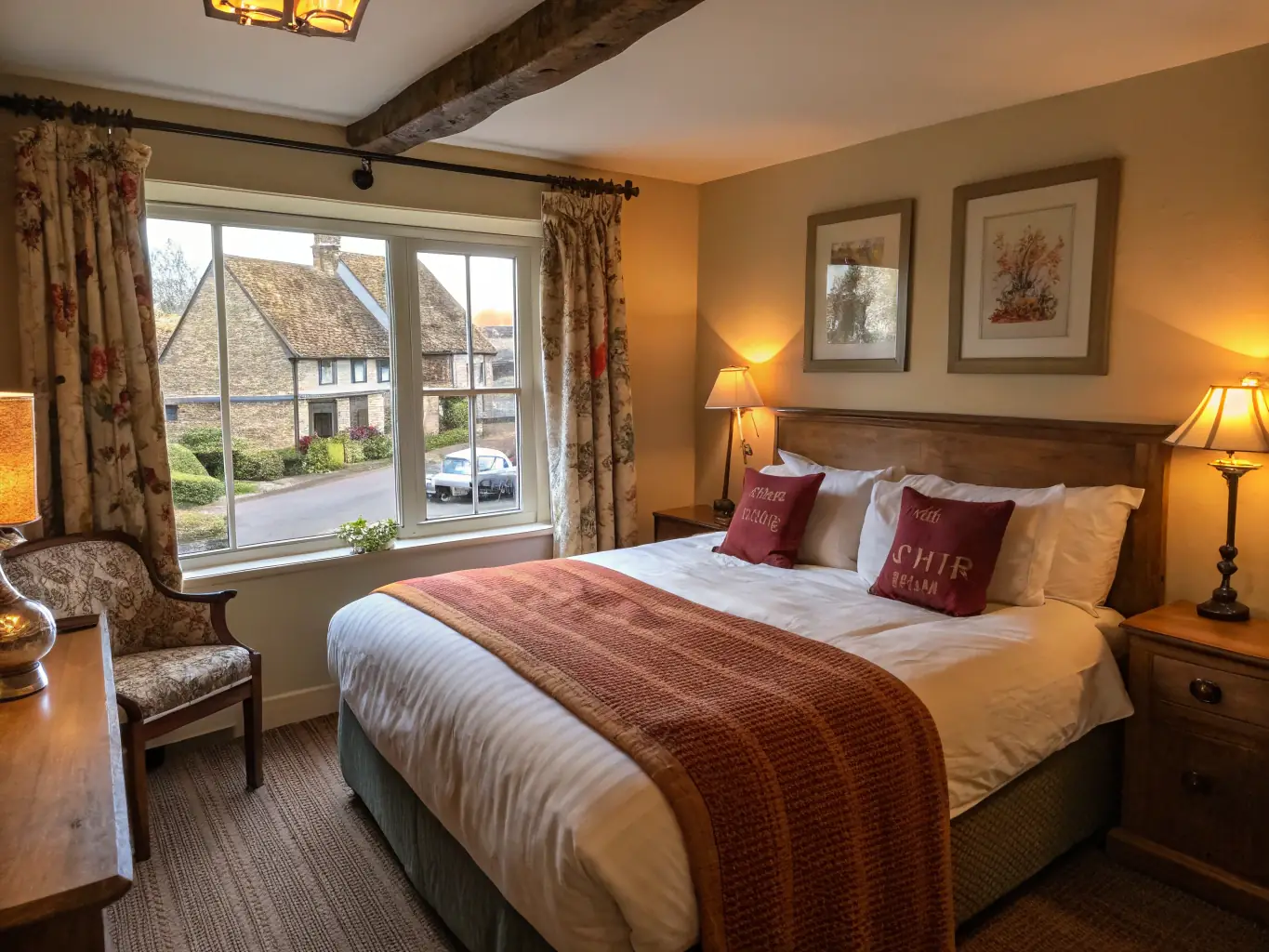 A cozy and charming boutique hotel room with unique decor, featuring a comfortable bed, a writing desk, and a view of a quaint European street, highlighting the personalized and intimate experience offered by boutique hotels through ExpediaWorld.
