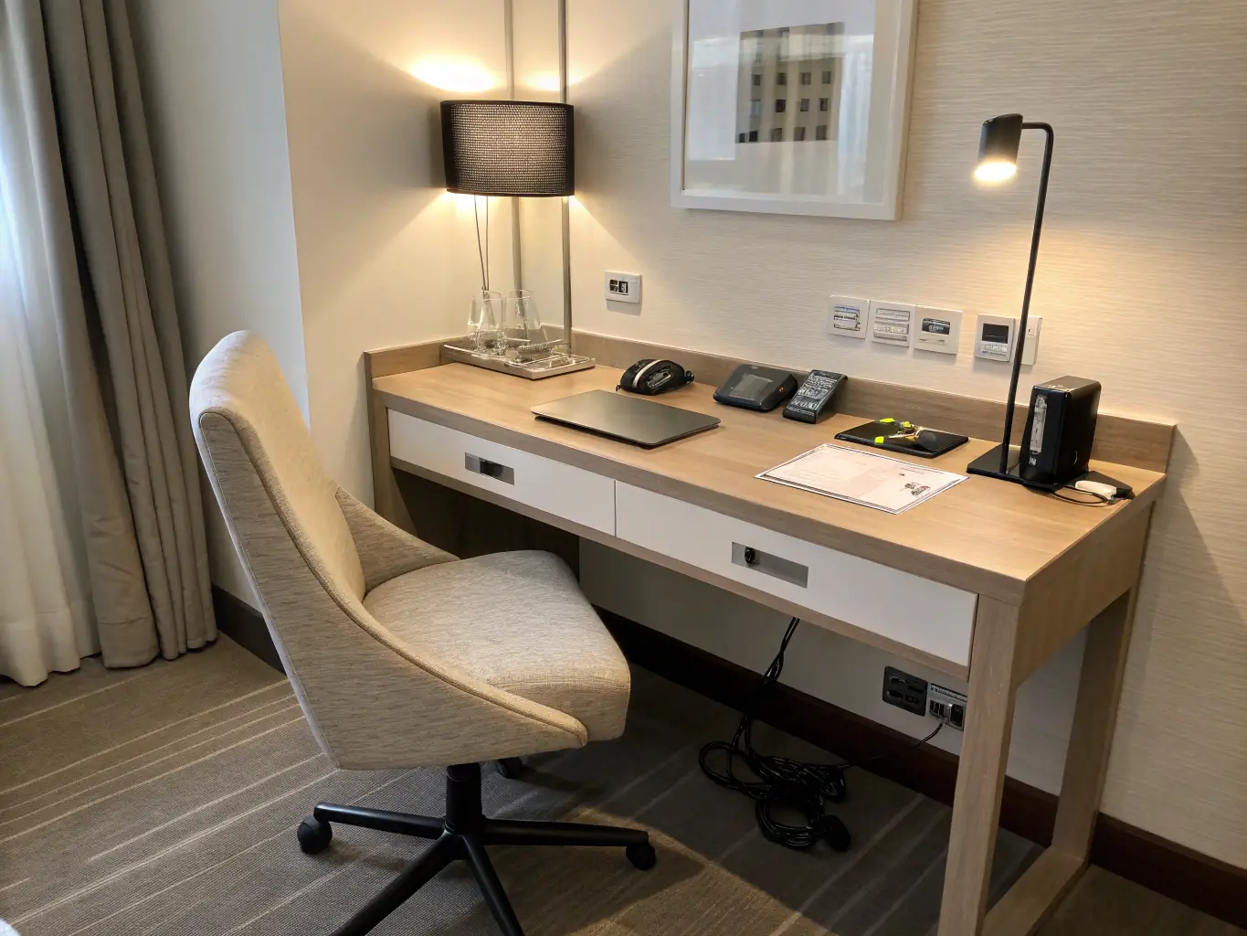 A modern and functional business hotel room with a well-lit workspace, a comfortable chair, and high-speed internet access, emphasizing the convenience and productivity-focused amenities offered by business hotels through ExpediaWorld.