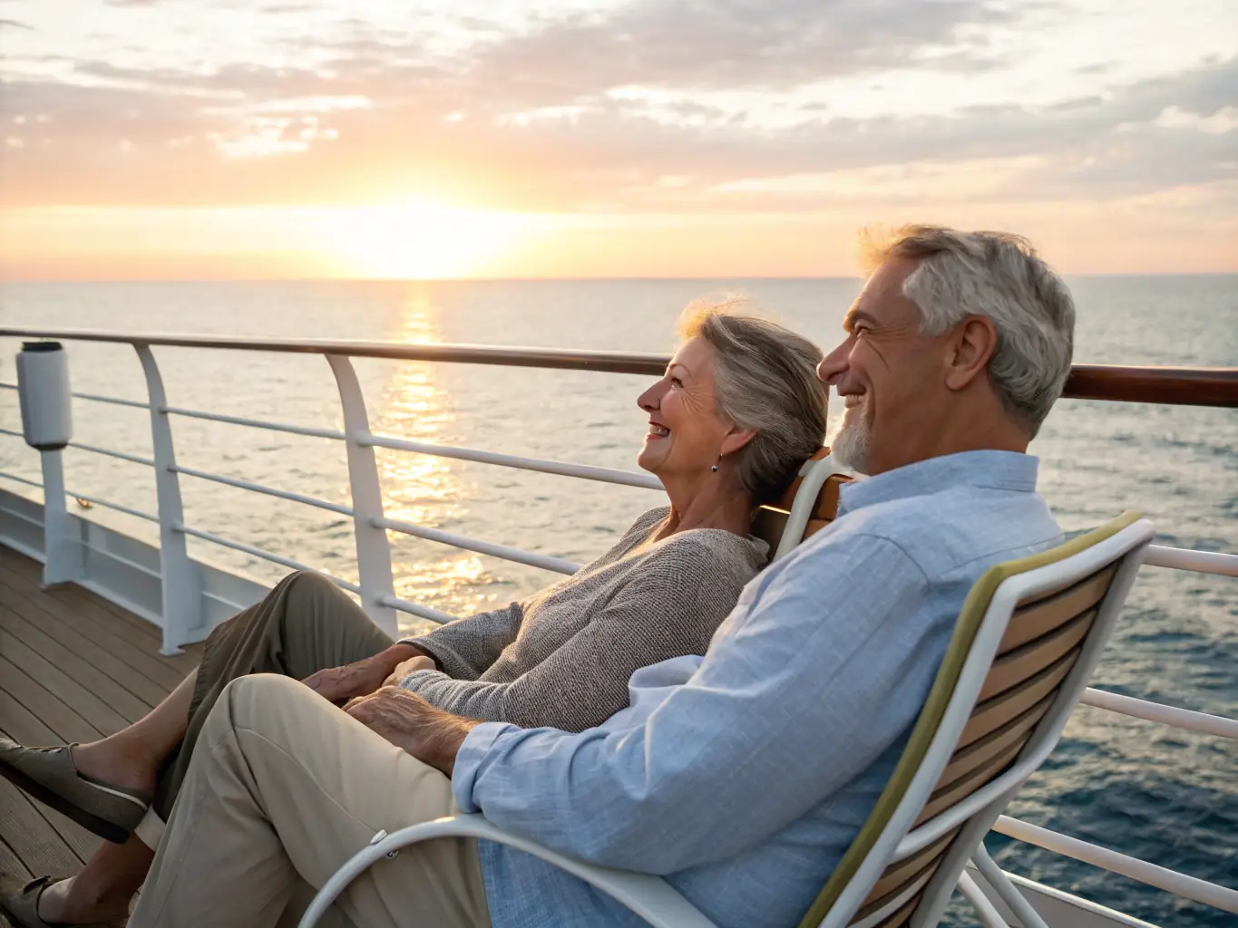 An image depicting a couple enjoying a romantic dinner on the deck of a cruise ship, with a stunning sunset in the background. The ambiance is elegant and intimate, highlighting the luxurious experience.