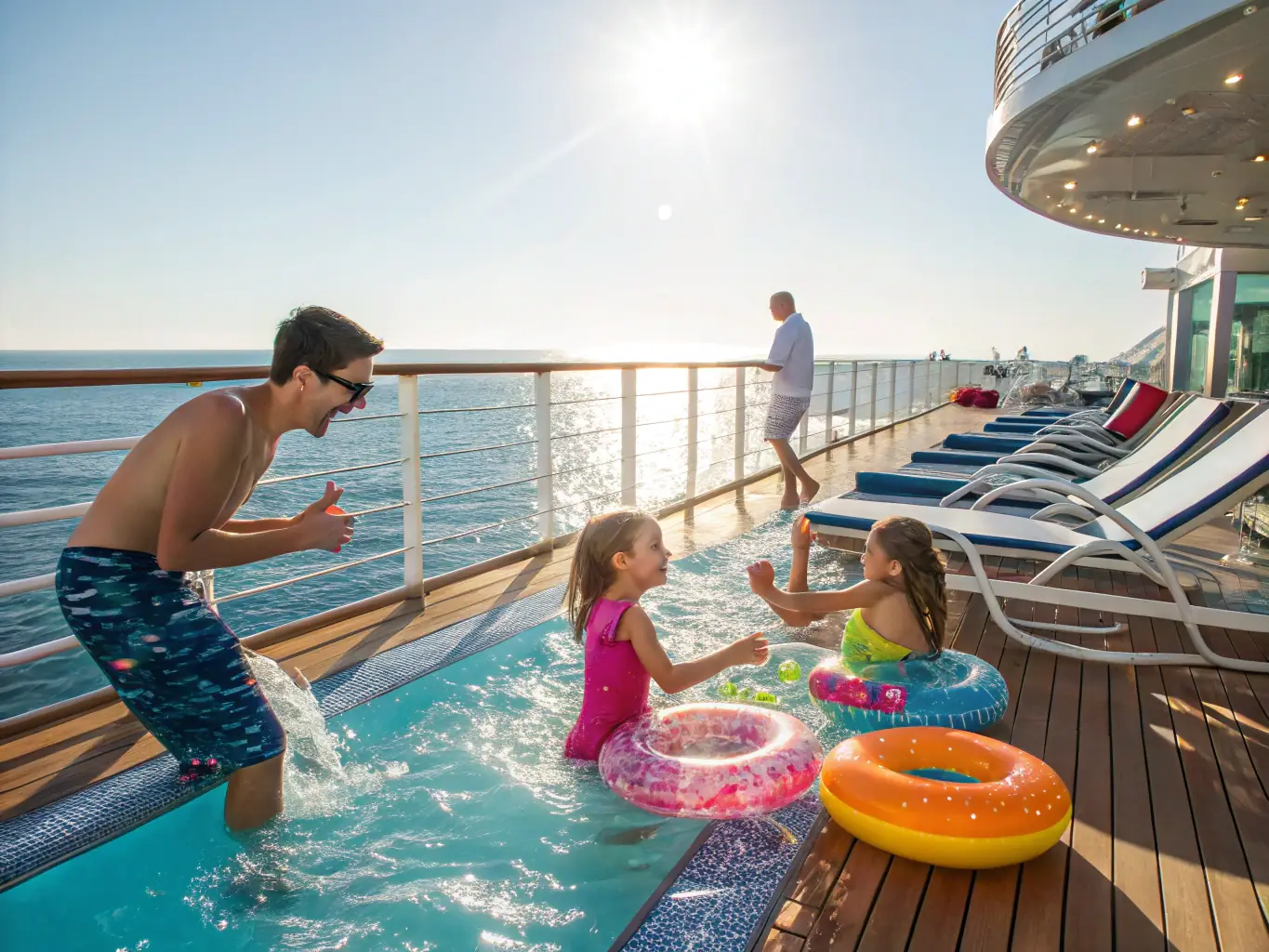 A visually appealing image of a family enjoying activities on a cruise ship, such as swimming in a pool, playing games, and participating in onboard entertainment. The atmosphere is lively and joyful, emphasizing the family-friendly aspect.