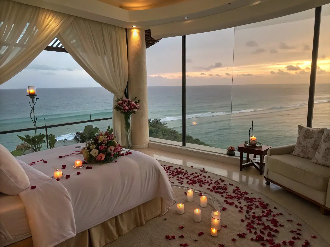 A luxurious hotel suite with a stunning ocean view, showcasing a spacious living area, a king-size bed, and a private balcony, emphasizing the comfort and elegance of high-end accommodations available through ExpediaWorld.